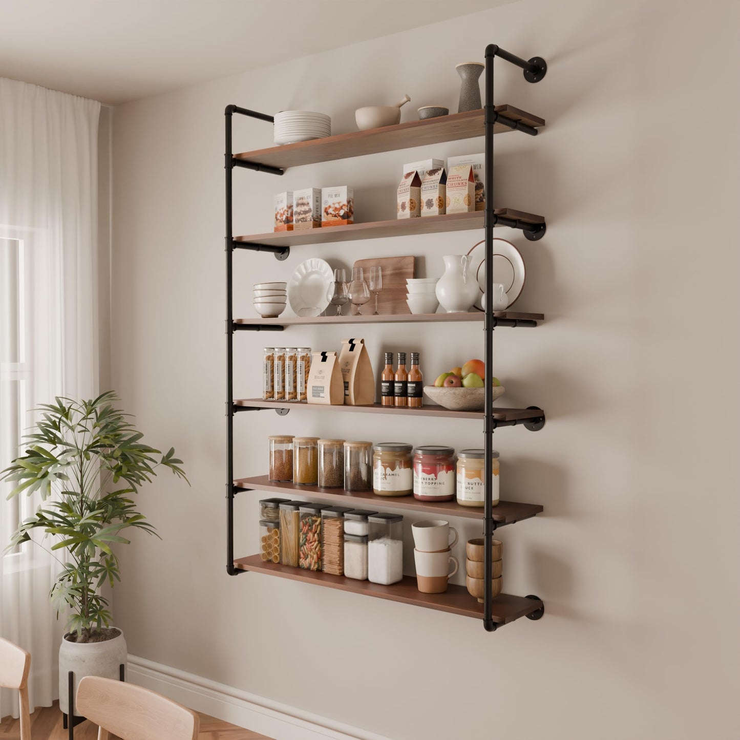 ONOTETUT 6 Tier Industrial Pipe Shelves with Wood Planks, 48 inch Iron Pipe Shelving, Retro Wall Mounted Bookshelf, Floating Bar Shelves for Kitchen,Living Room