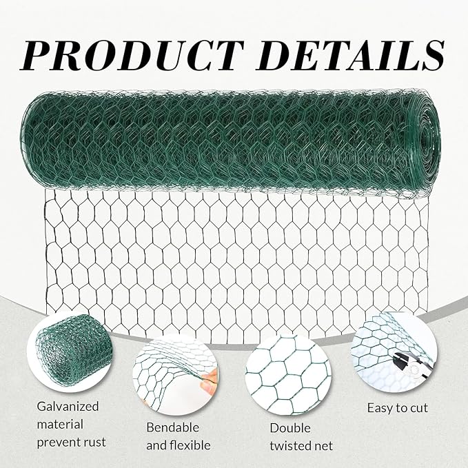 Chicken Wire 18.9IN x 3.6FT Green PVC Hexagonal Chicken Wire Garden Fence Netting Garden Fence Barrier for Craft Projects, Pet Rabbit Chicken Fencing