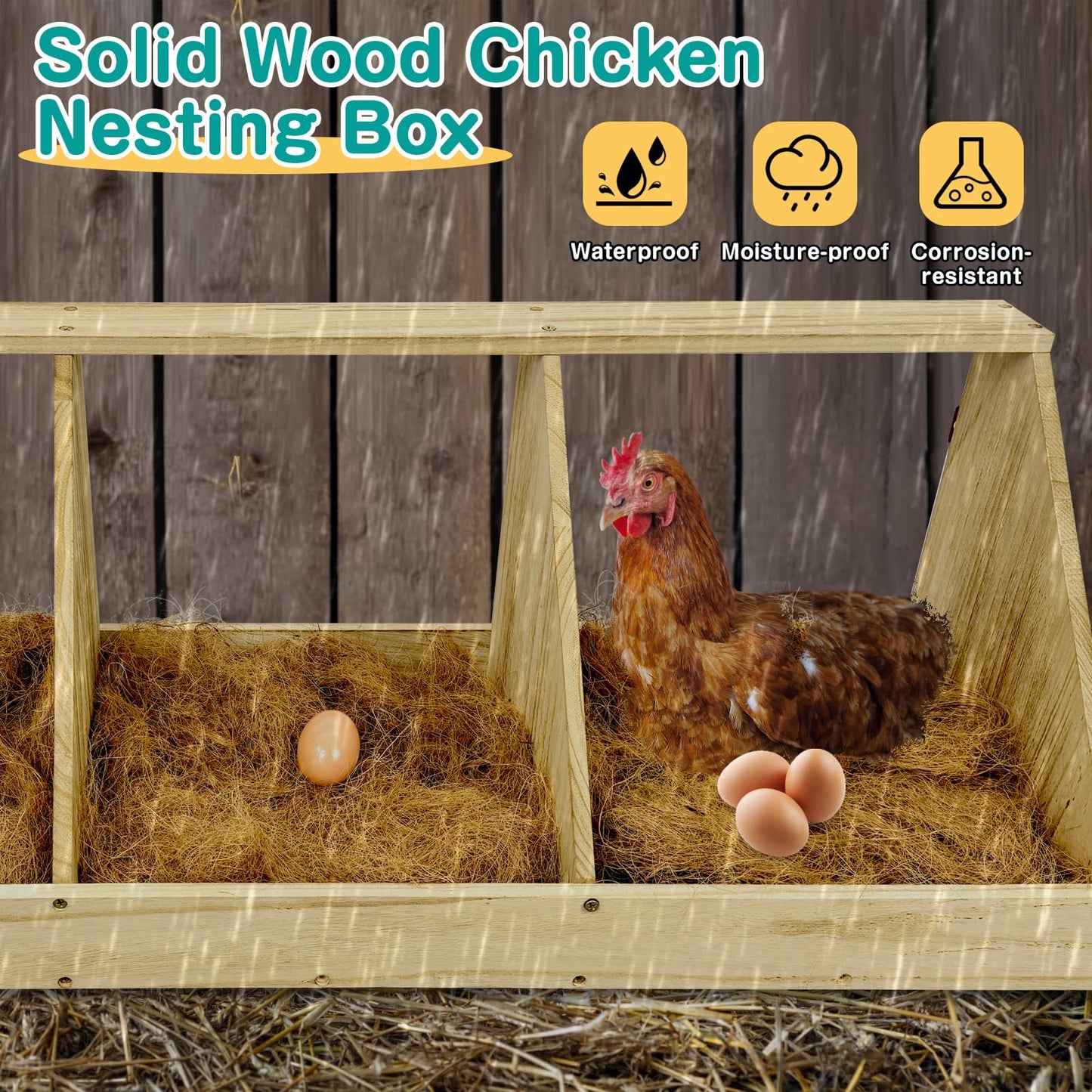 Chicken Nesting Boxes, 3 Compartment Wooden Chicken Laying Boxes, Nesting Boxes for Chickens, Hens, Ducks, Poultry Nest Box for Laying Eggs, (Includes 3 Fake Eggs, 3 Nest Box Pads)