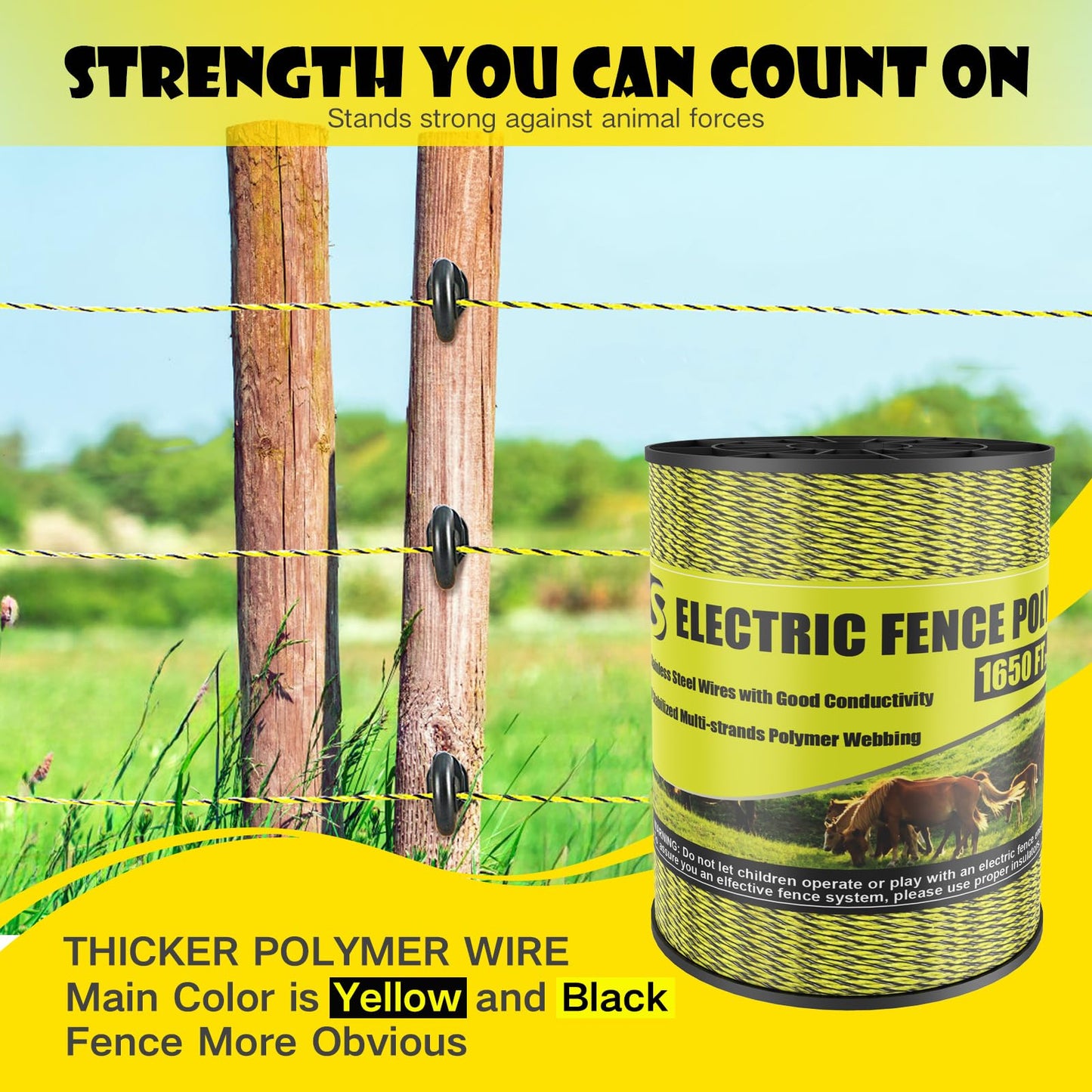 BESTEEL Upgraded Electric Fence Poly Wire 1650 Feet 500 Meters, 1/8" Diameter Portable Electric Fencing Polywires, 6 Stainless Steel Strands for Reliable Conductivity and Rust Resistance UV Resistant