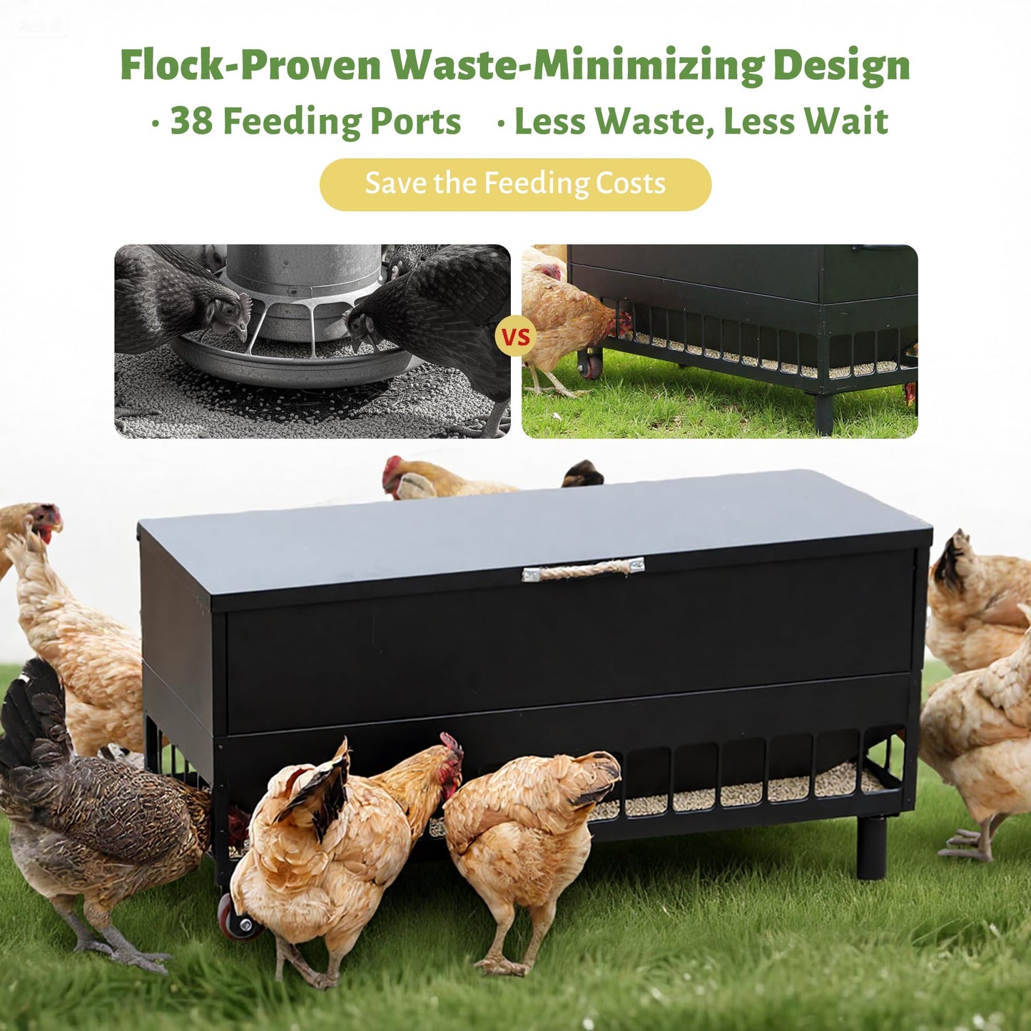 KOL 120 LB Large Chicken Feeder No-Waste, Spill Proof Portable Gravity Chicken Feeder Automatic, Dispenser, 38 Feeding Ports, No Waste Poultry Feeder for Hen Coop