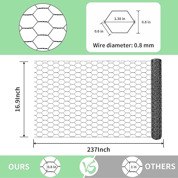 Chicken Wire 16.9 in x 237 in Poultry Wire Netting Hexagonal Galvanized Mesh Garden Fence Barrier for Pet Rabbit Chicken Fencing with 100 Pcs Cable Zip Ties(PVC-Coated) Black