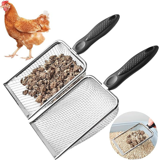 KOROI Chicken Poop Scooper - 2 Pack Chicken Coop Poop Scoop Shovel with 3.8mm & 5mm Mesh,Metal Chicken Coop Cleaning Tool,Sifting Rake for Chicken Litter, Sand, Chicken Coop Supplies