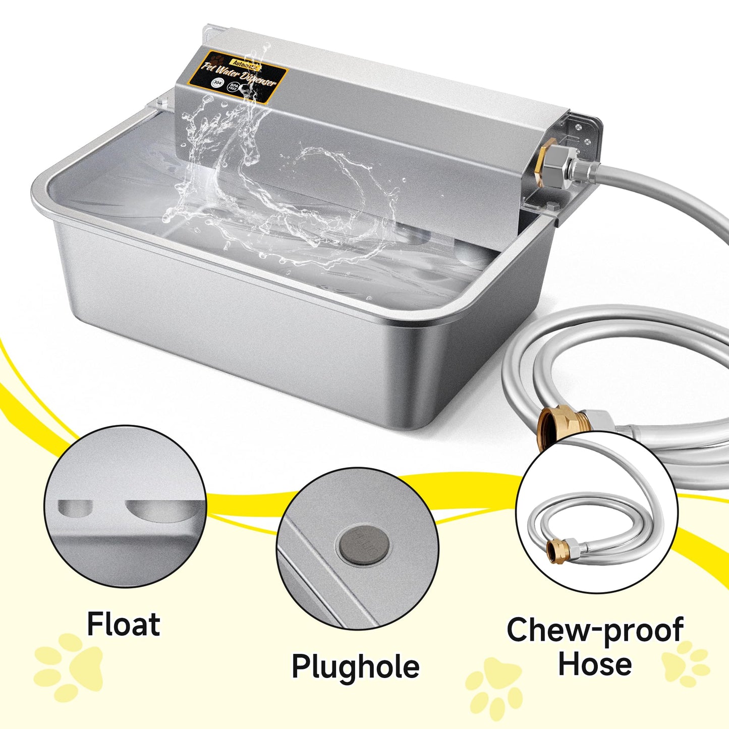 PETSOLON Automatic Dog Water Dispenser, 2 Gallons 304 Stainless Steel Large Dog Water Bowl Dispenser for Indoor/Outdoor, Pet & Livestock Water Feeder, Auto Fill, Fits GHT 3/4" Faucet, Easy to Clean