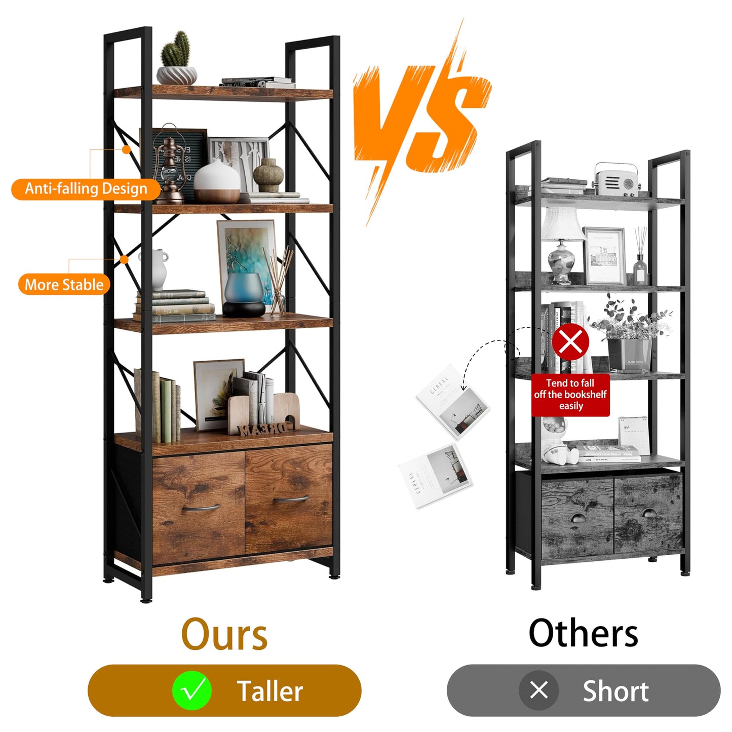 Shintenchi Book Shelf,2 Pieces Tall Bookshelf with Drawer, 5 Tier Industrial Open Standing Bookcase,Freestanding Wooden Display Shelves Storage Organizer,Rustic Brown