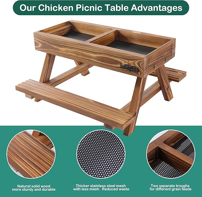 Chicken Feeders and Waterers, Chicken Feeder No Waste Kit with Picnic Table and 2 Water Feeder, Handmade Wooden Chicken Supplies & Accessories for Chicken Coop