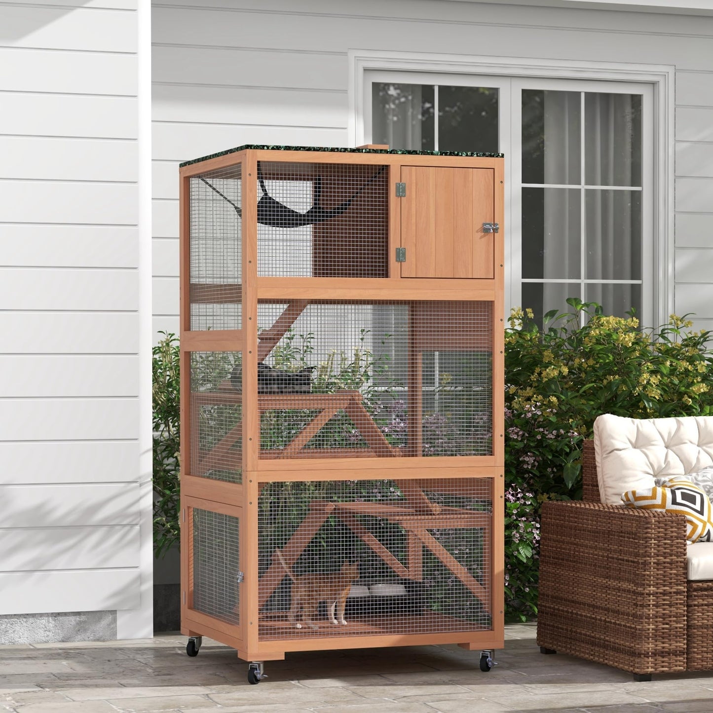 PawHut Catio, Outdoor Cat Enclosure House, Wooden Feral Cat Shelter on Wheels, Cat Cage with Hammock, Platforms Ramps, and Weather Protection Asphalt Roof, 34", Gray