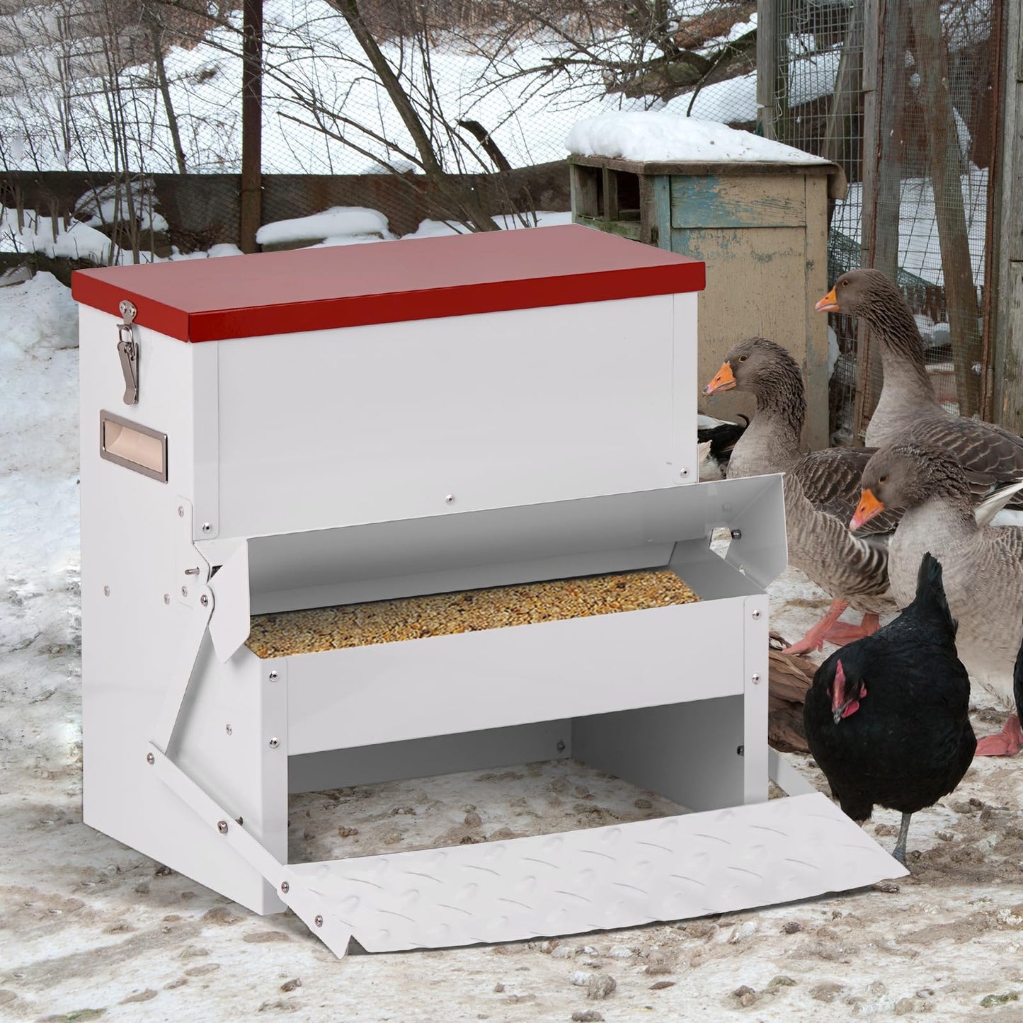 LZWUNYXE Automatic Chicken Feeder No Waste 25lbs Treadle Chicken Feeder Galvanized with Rat Proof Cover and Weatherproof Lid for Fowl,Pheasants,Duck and Roosters