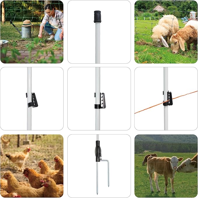 60'' Fiberglass Electric Fence Posts with Double Spikes for Animals, Garden Protection, etc. - 12 Posts Come with 60 Clips