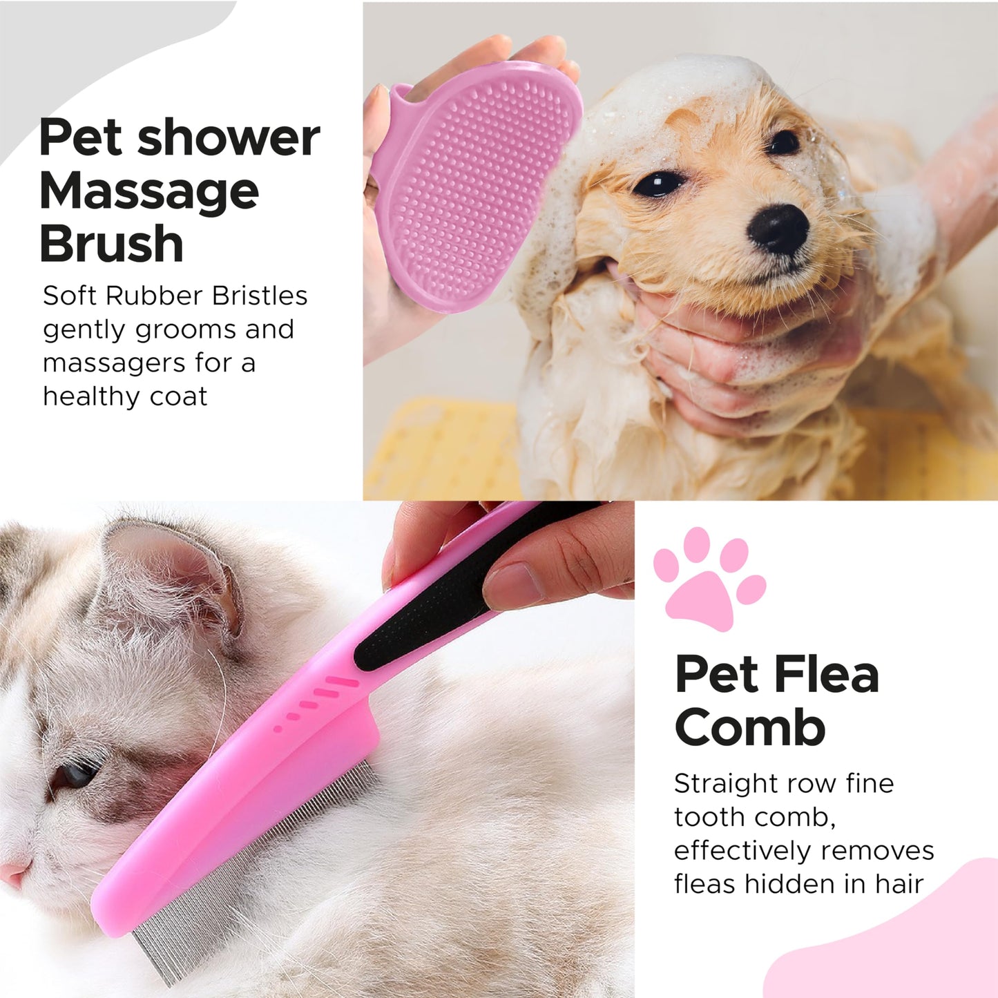 Cat and Dog Brushes for Grooming – Pet Grooming Kit with Brushes – At-Home Grooming Supplies with Dematting Comb, Slicker Brush, Dog Bath Brush (Pink)