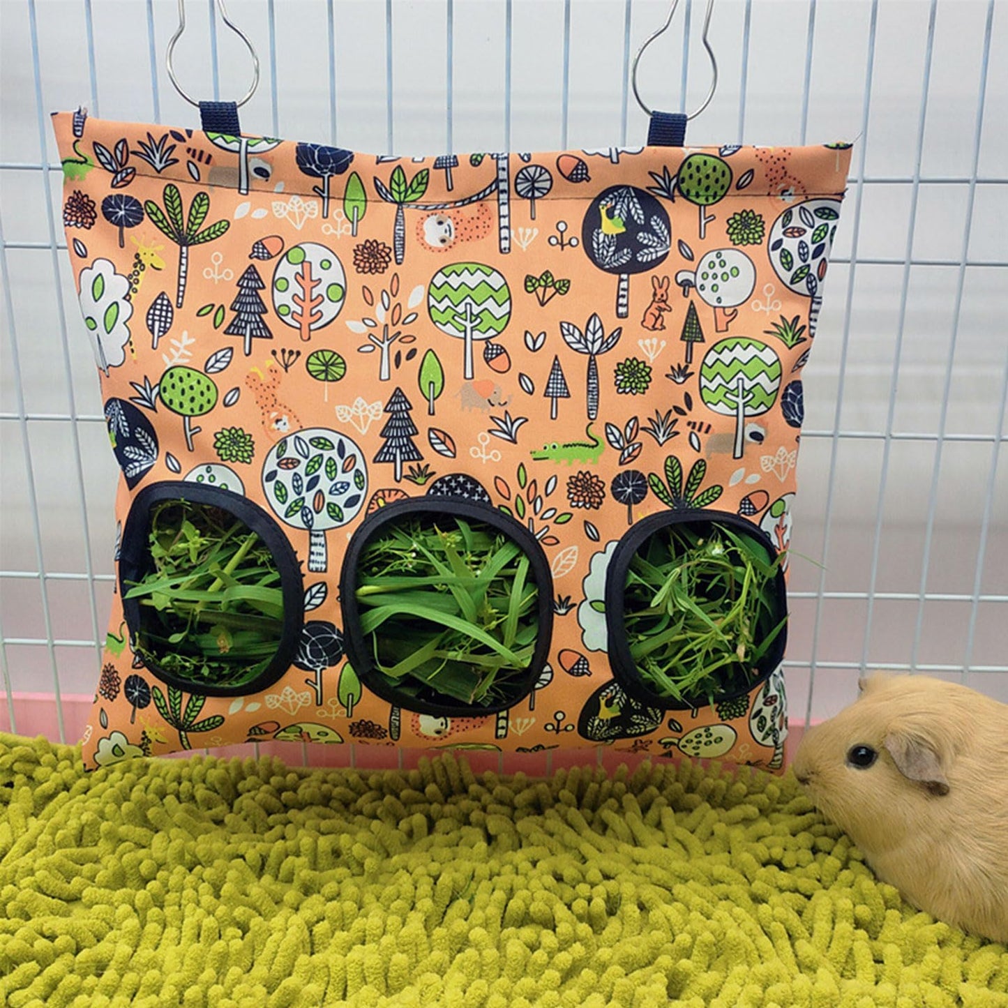 RMNHPTK Rabbit Hay Feeder Bag, Guinea Pig Hay Feeder for Cage Small Animal Hanging Feeding Bags Rabbit Hay Dispenser Storage for Rabbits Guinea Pigs Bunnies Chinchillas (Orange,Light Blue, 3 Hole)