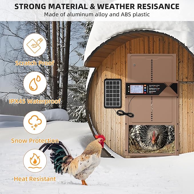 Automatic Chicken Coop Door, 4 Modes LCD Display Chicken Coop Door Solar Powered with Timer & Light Sensor, Aluminum Alloy Automatic Chicken Door with Anti-Pinch, IPX45 Waterproof