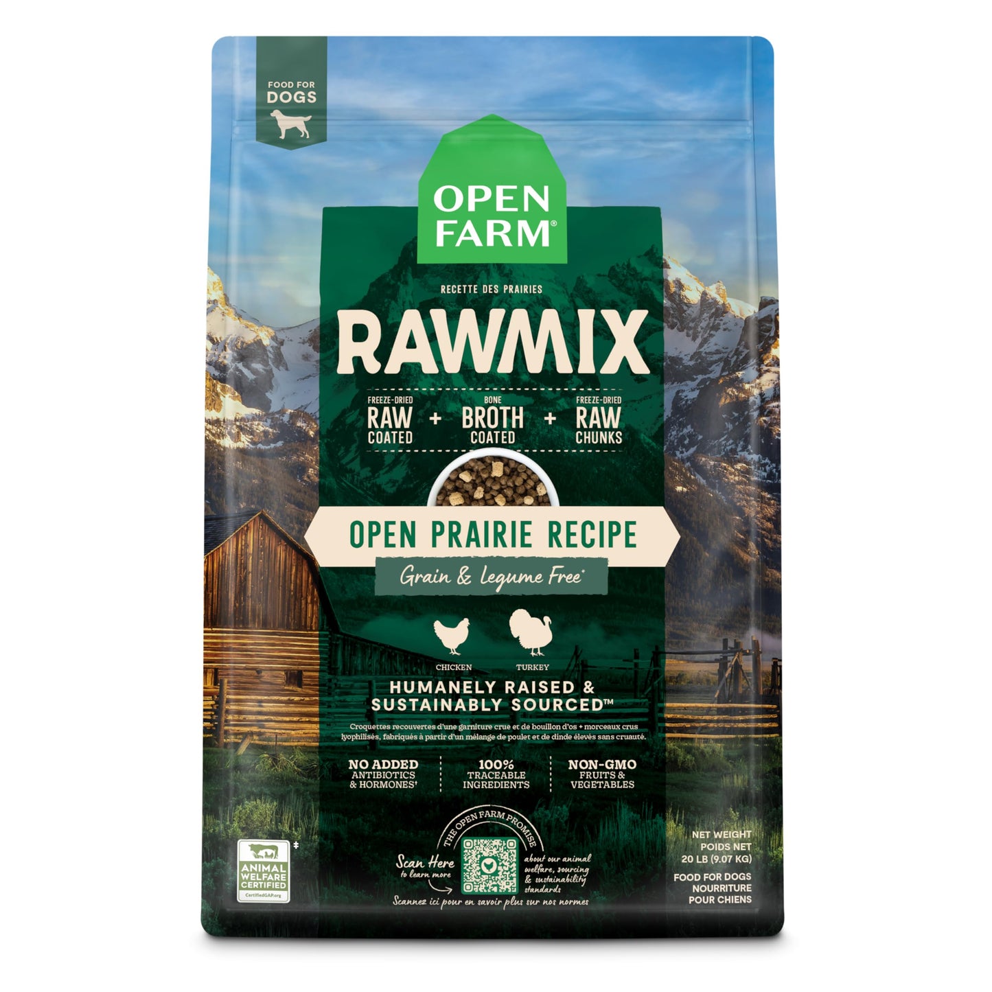 Open Farm, RawMix Grain-Free Dry Dog Food, Protein-Packed Kibble Coated in Bone Broth with Freeze Dried Raw Chunks, Chicken & Turkey, Open Prairie Recipe, 20lb Bag