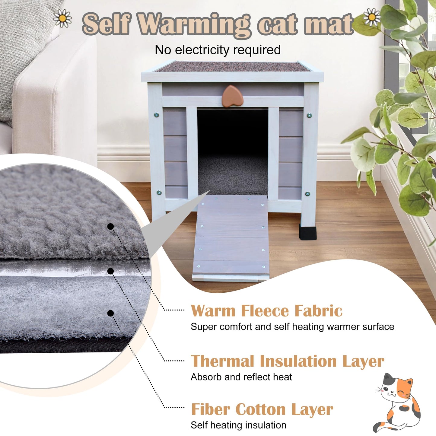 Hicaptain Feral Cat House for Outdoor, Weatherproof Cat House Outdoor, Warm Wooden Small Pet House and Habitats (Grey House + Mat)