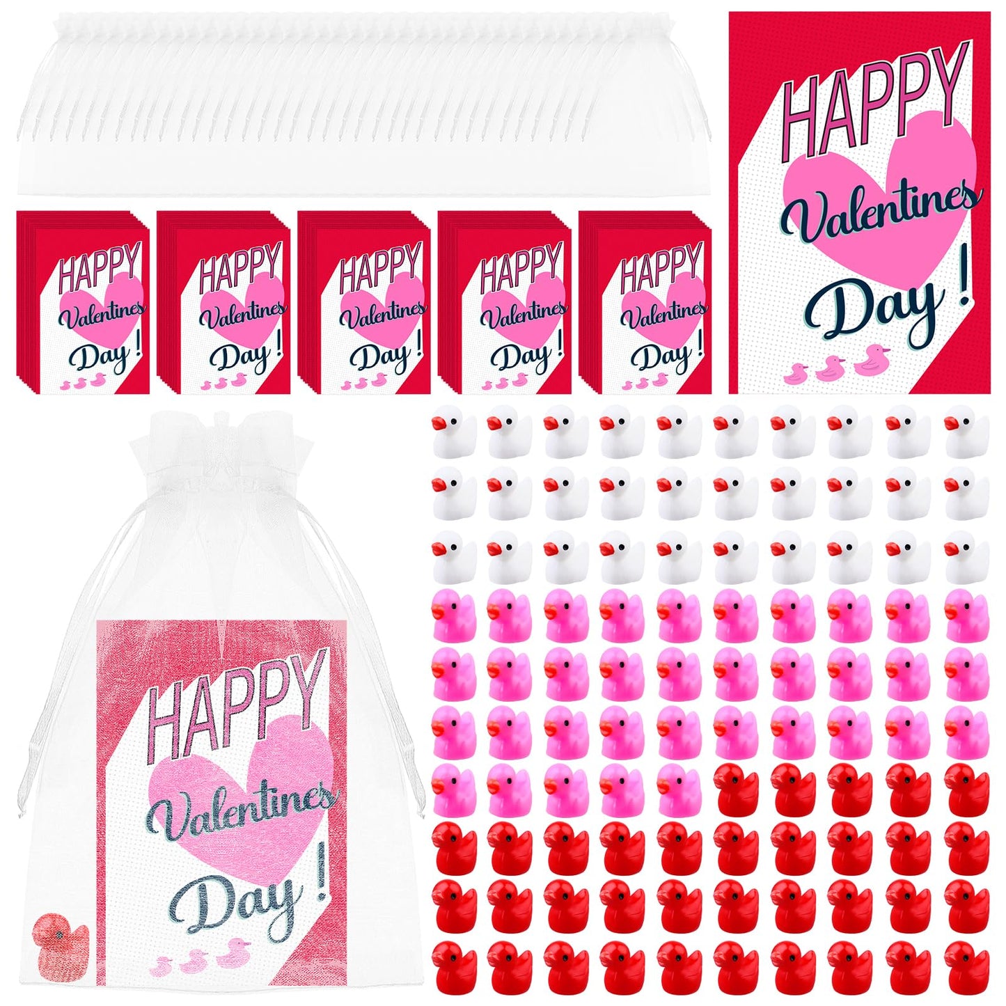 Youdaju 200 Pcs Valentine's Day Mini Resin Duck Figurines Cute Ducks Miniature Fairy Garden Ducks with Card Organza Bag Micro Dollhouse Decor Charms Beads for Garden DIY Landscape Aquarium Home