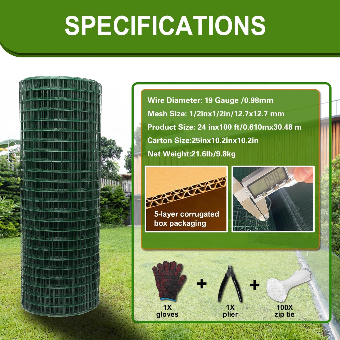 Wirewonders Hardware Cloth 1/2inx 24in x 100ft Chicken Wire, Green Garden Fence, PVC Coated Metal Welded Wire Mesh for Preventing Snakes, Raccoons, Foxes, Poultry Netting