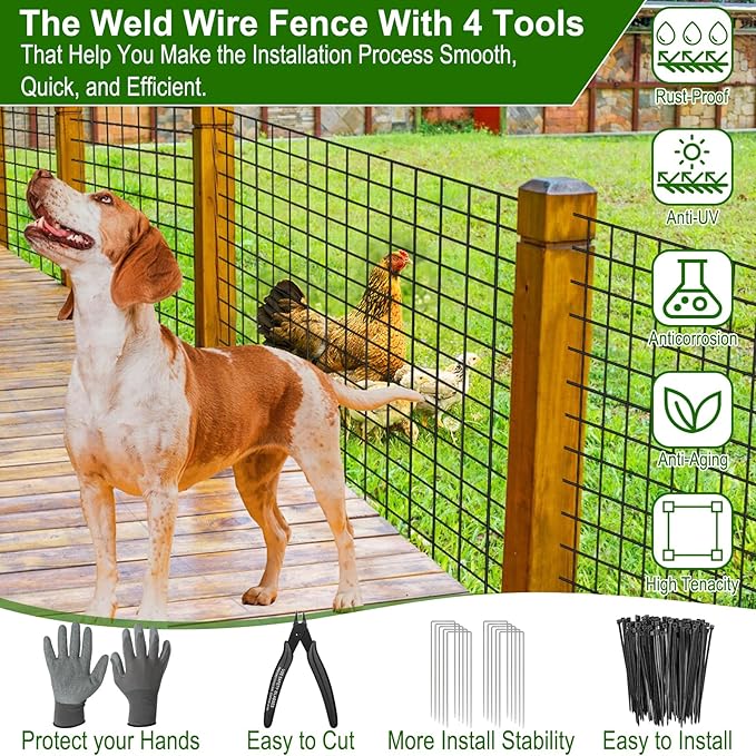 24 in x 49 Ft Welded Wire Fence Black PVC Coated Wire Mesh 2 x 3 in 14GA Garden Fence for Dog Border Fencing Roll Outdoor Animal Barrier Fence with U-Shape Hooks for Yard Plant Vegetable Protection