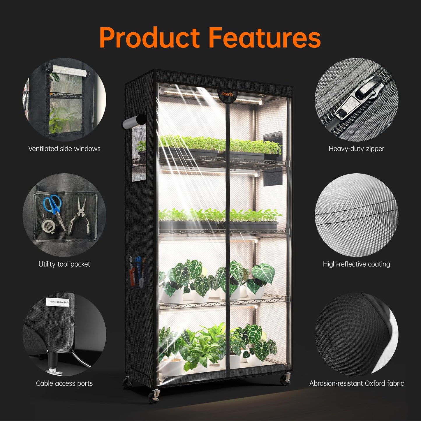 Bstrip Indoor Greenhouse with Grow Light, Plant Stand with 4 Pack 24W Full Spectrum Plant Lights , Plant Shelf with Tent for Indoor Plant, Seed Starting, Seed Tray, 29.5"x13.8"x59"