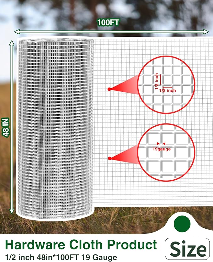 1/2" x 48" x 100FT Silver Hardware Cloth - Hot-Dip Galvanized Chicken Wire Fencing, 19 Gauge Welded Wire Mesh Roll for Chicken Coop, Rabbit, Snake, Deer Fencing and Garden/Tree Protection