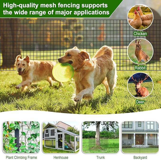 24 in x 49 Ft Welded Wire Fence Black PVC Coated Wire Mesh 2 x 3 in 14GA Garden Fence for Dog Border Fencing Roll Outdoor Animal Barrier Fence with U-Shape Hooks for Yard Plant Vegetable Protection