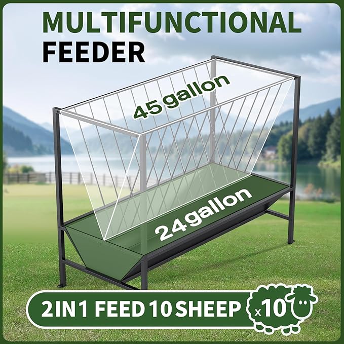 Heavy Duty Hay Feeder for Goats – 45 Gallon Feeder with 24 Gallon Grain Tray for Horses, Calves, and Livestock – Durable Goat Feeder for Farm Use