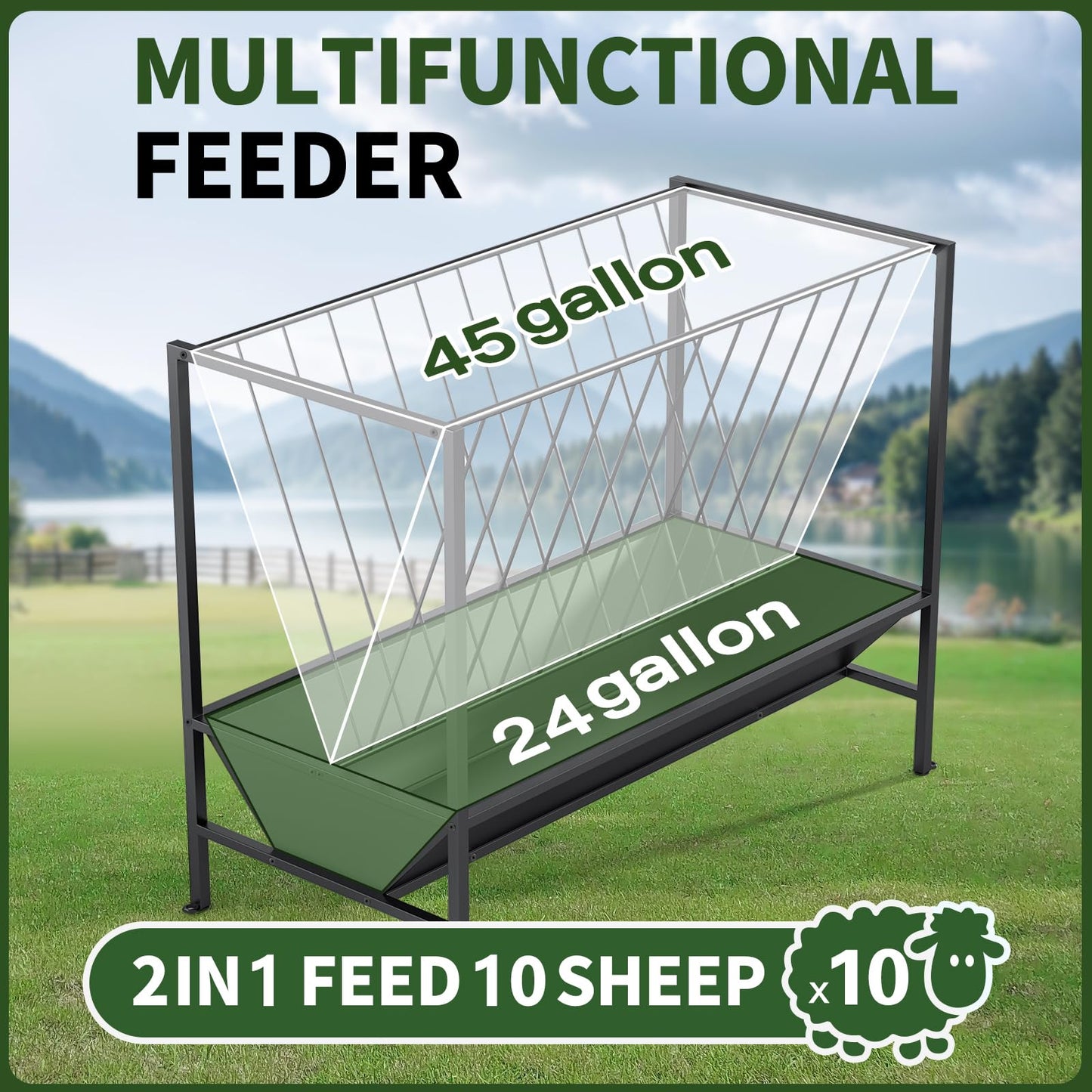 Heavy Duty Hay Feeder for Goats – 45 Gallon Feeder with 24 Gallon Grain Tray for Horses, Calves, and Livestock – Durable Goat Feeder for Farm Use