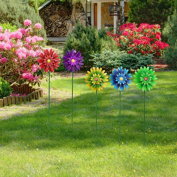 Metal Flower Wind Spinner Garden Lawn Stakes Yard Art, 27inch Lawn Windmill Ornaments Outside Garden Decorations Outdoor for Yard, 5pieces Windmill Gardening Porch Outdoor Summer Decor