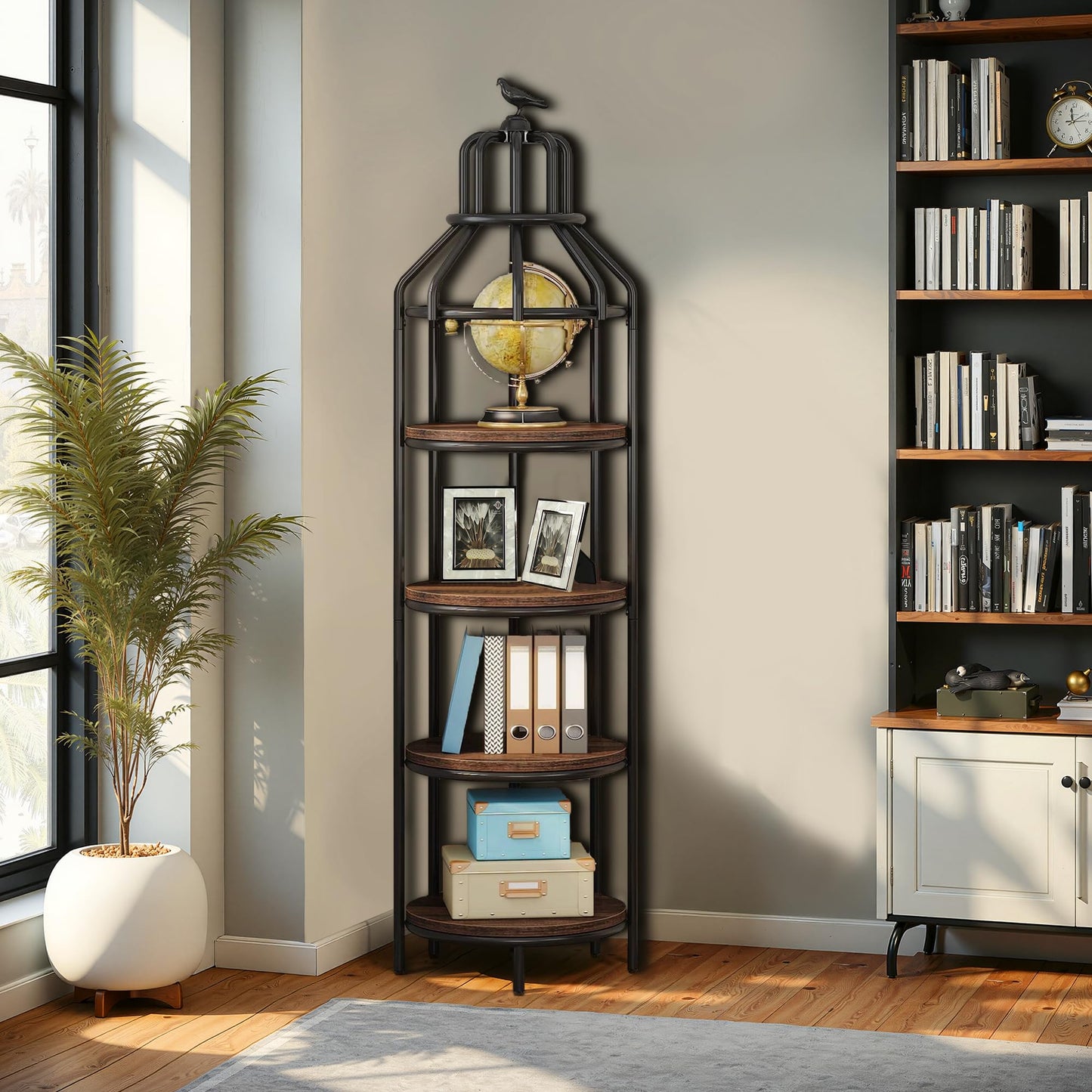 NicBex 70.86" Narrow Bookcase Bookcase with Bird Cage Design,4-Tier Bookshelf Storage Organizer,Metal Plant Stand for Bedroom, Living Room, Office, Brown & Black