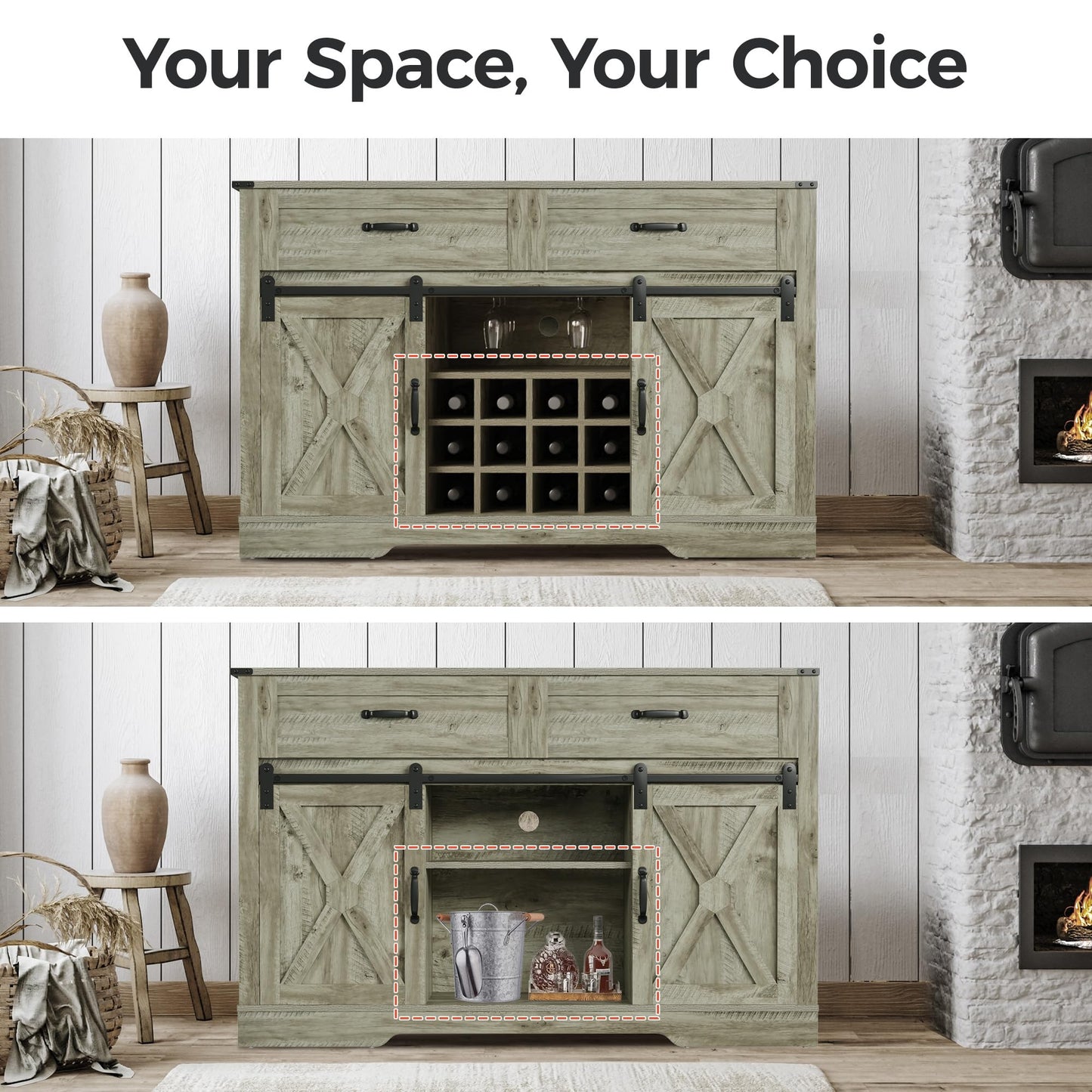 RoyalCraft Farmhouse Buffet Cabinet with Storage, 52'' Wine Bar Cabinet with Sliding Barn Door, Liquor Coffee Bar Cabinet and Sideboard for Kitchen, Dining Room, Light Grey