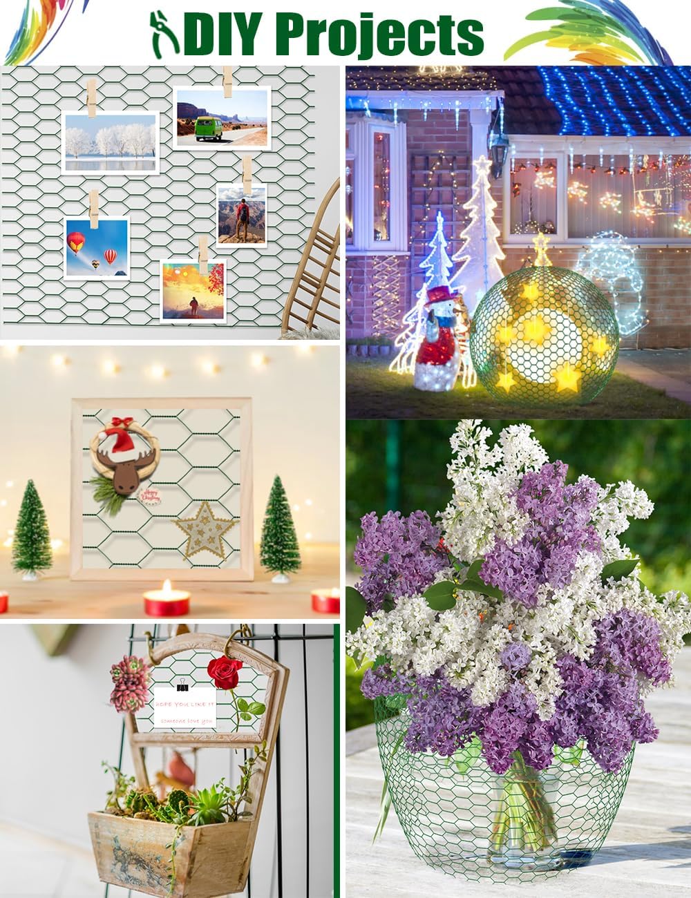 TOYPOPOR Chicken Wire, 16''x 190''/16ft Mesh Roll for Floral Arrangements, Anti-Rust PVC Coated Garden Netting, Rabbit Animal Fence with Cutting Plier, Gloves and Ties for DYI Crafts, Poultry, Garden