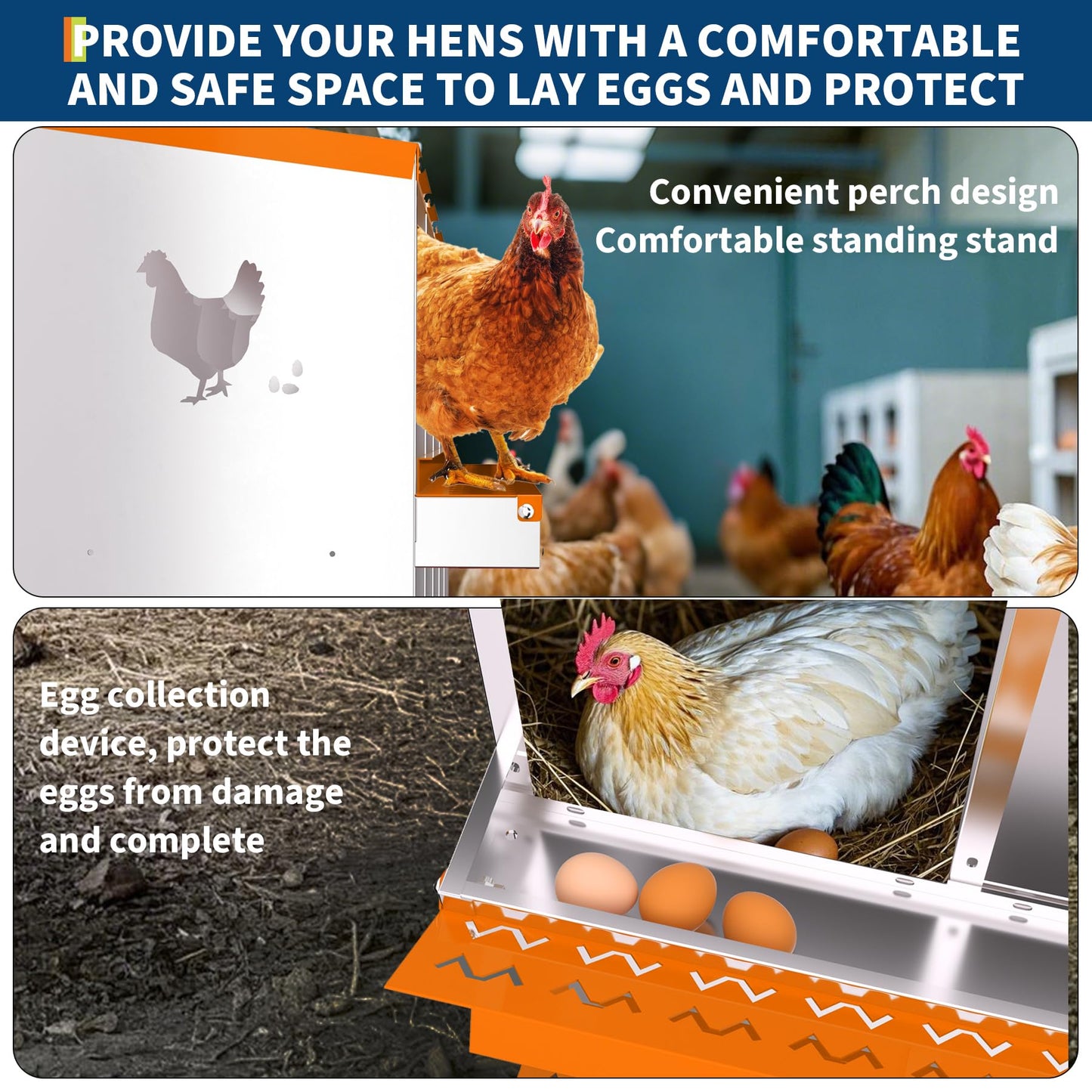 Chicken Nesting Box with Removable Tray,8 Compartment Nesting Boxes for Chickens,Easy to Clean and Install,Durable Chicken Laying Boxes for Chicken Coop,Protects Eggs-with Bracket Legs (Orange)