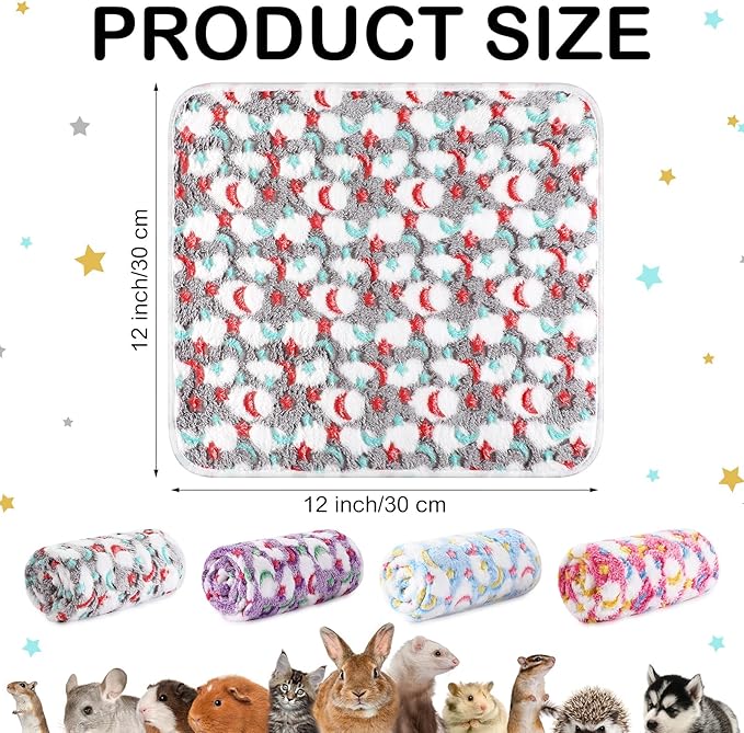 Reginary 4 Pcs Waterproof Guinea Pig Blankets Washable Small Animal Fleece Bedding Absorbent Guinea Pig Cage Liners Reusable Pet Pee Pad Sleep Mat for Hamster Ferret(Moon Star Pattern,12 x 12 Inch)