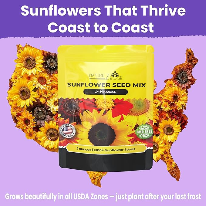 NatureZ Edge 1300+ Sunflower Seeds Garden Variety Pack, Bulk Sunflower Seeds for Planting Flowers, Get More Sunflower Seeds to Plant, Mammoth, Dwarf, Lemon Queen, Giant and More. 2oz Packet