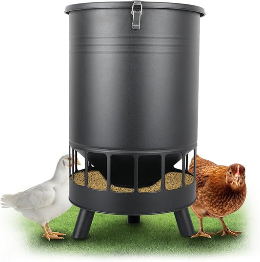 Solution4Patio 50LB No-Waste Chicken Feeder, Large Capacity Gravity Dispenser with Spill Control & 16 Feeding Ports Poultry Feeder for Outdoors & Hen Coop (Black)