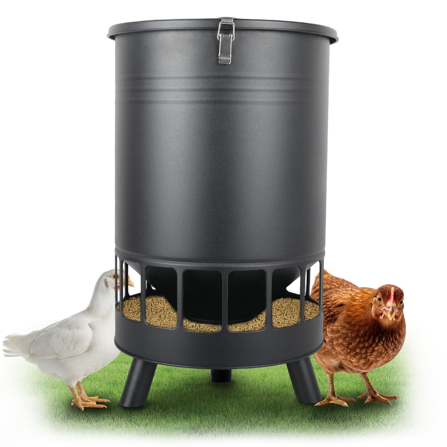 Solution4Patio 50LB No-Waste Chicken Feeder, Large Capacity Gravity Dispenser with Spill Control & 16 Feeding Ports Poultry Feeder for Outdoors & Hen Coop (Black)