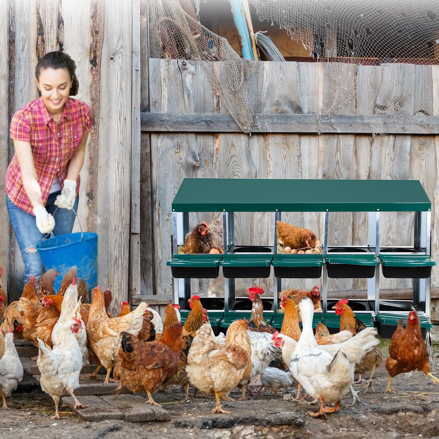 Chicken Nesting Box, 10 Compartments Nesting Boxes for Chickens, Chicken Laying Boxes with Metal Leg, Roll Away Nesting Box for Chickens Laying Egg with Lid Cover to Protect Eggs, Green