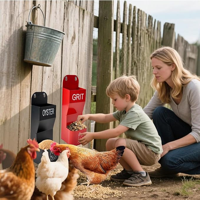2 Pack Chicken Oyster Shell Feeder and Grit Device, Corner Chicken Feeder, Coop Accessories, Suitable for Hens and Chicks (Black + Red - 2)