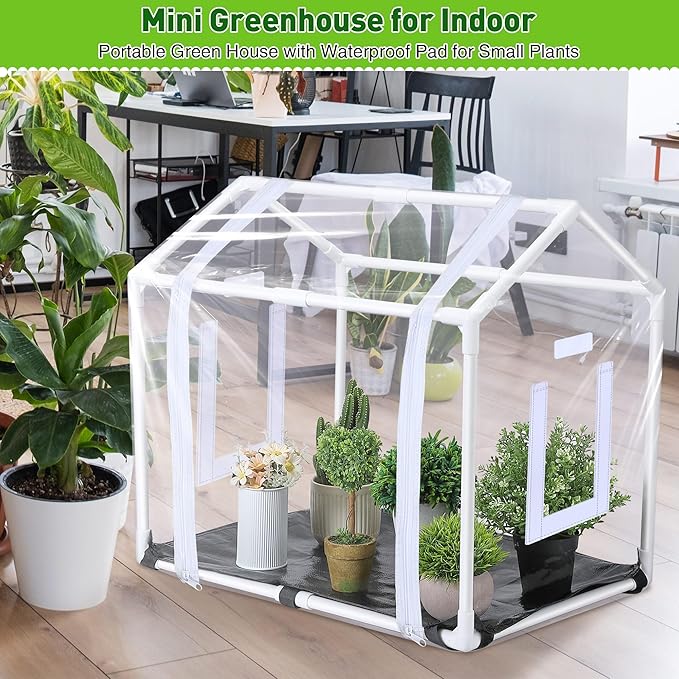 Meonum Mini Greenhouse with Potting Mat for Indoor Plant, Heavy Duty Portable Green House with Waterproof Pot Pad for Small Plants, Clear Small Plant Tent for Seed Humidity