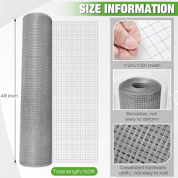 Tatuo 48in X 150ft Hardware Cloth 23 Gauge Hot Dip Galvanized After Welded Cage Mesh Rolls 1/2 Inch Metal Chicken Wire Mesh Roll Wire Fencing Poultry Netting for Raised Garden Rabbit Rodent Animals