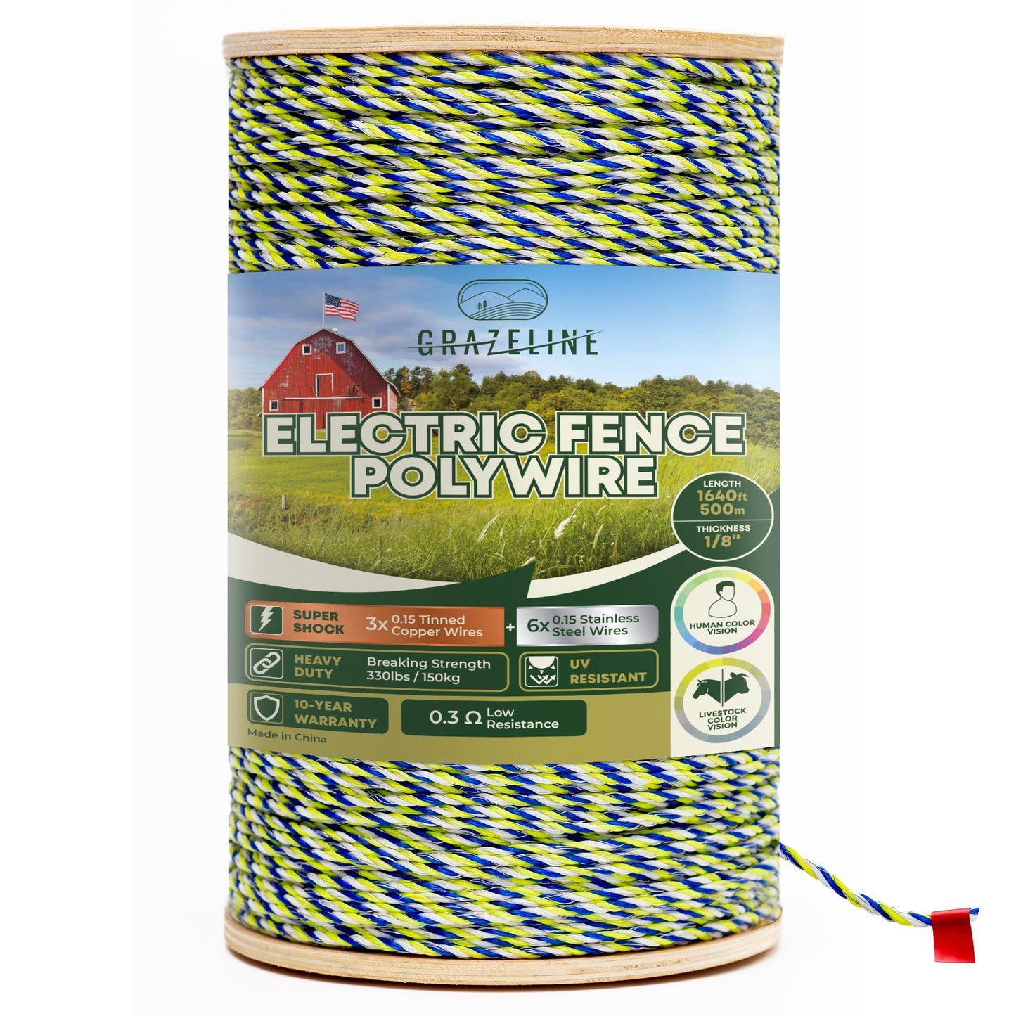 Electric Fence Polywire 1640 Feet - 9 Strands Poly Wire Tinned Copper and Stainless Steel for Superior Shock - Portable Hot Wire Electric Fencing - UV, Rust and Corrosion Resistant