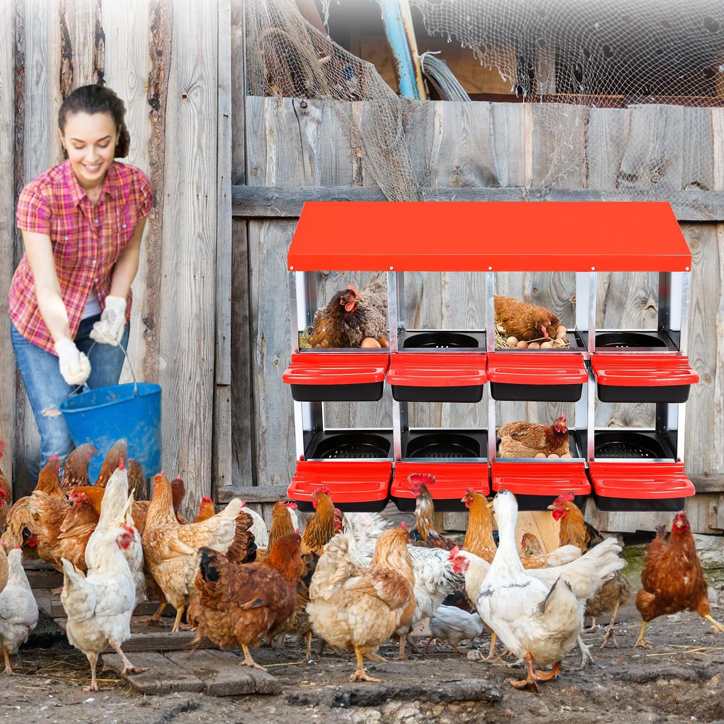 GarveeLife Chicken Nesting Boxes, 8 Hole Nesting Boxes for Chickens, Chicken Laying Box with Leg and Lid Cover, for Chicken Coop to Protect Eggs, Red