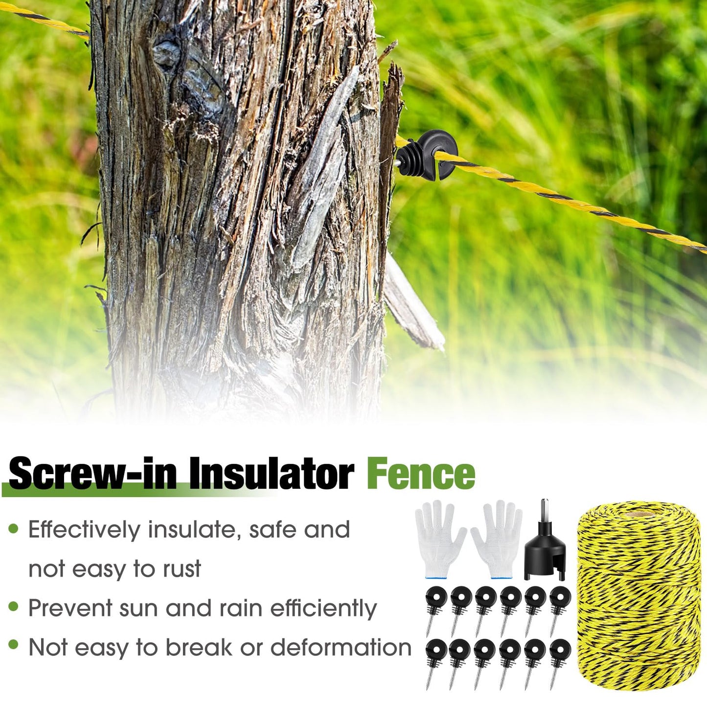 Sweetude 660 Feet Electric Fence Polywire and 100 Pcs Electric Fence Insulator with 1 Pcs Insulator Socket Tool Resistant Glove Electric Fence 6 Stainless Steel Strands for Fence Landowner Farmer