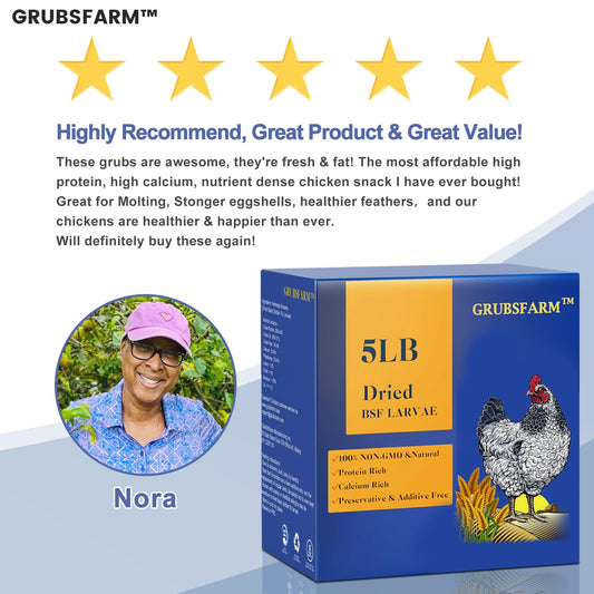 GRUBSFARM Superior to Dried Mealworms for Chickens 5lb - 85X More Calcium Than Mealworms - Non-GMO Chicken Feed - Molting Supplement - BSFL Treats for Hens, Ducks, Turkeys, Wild Birds, Quails