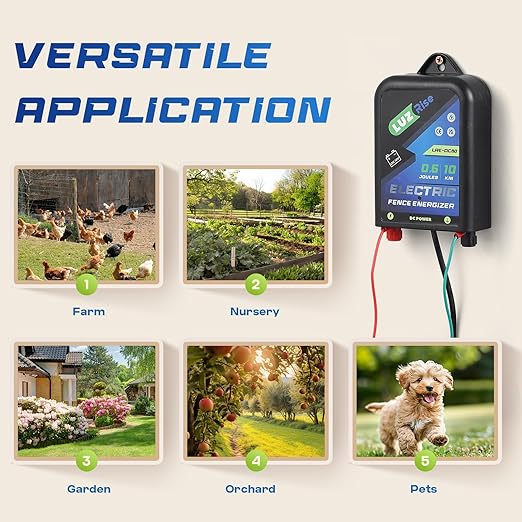 Electric Fence Energizer DC Powered Electric Fence Charger 0.6J Output 10KM Range with IP65 Waterproof Function for Livestock, Farmland, Garden, Preventing Wild Animals Intruding (LRE-DC80)
