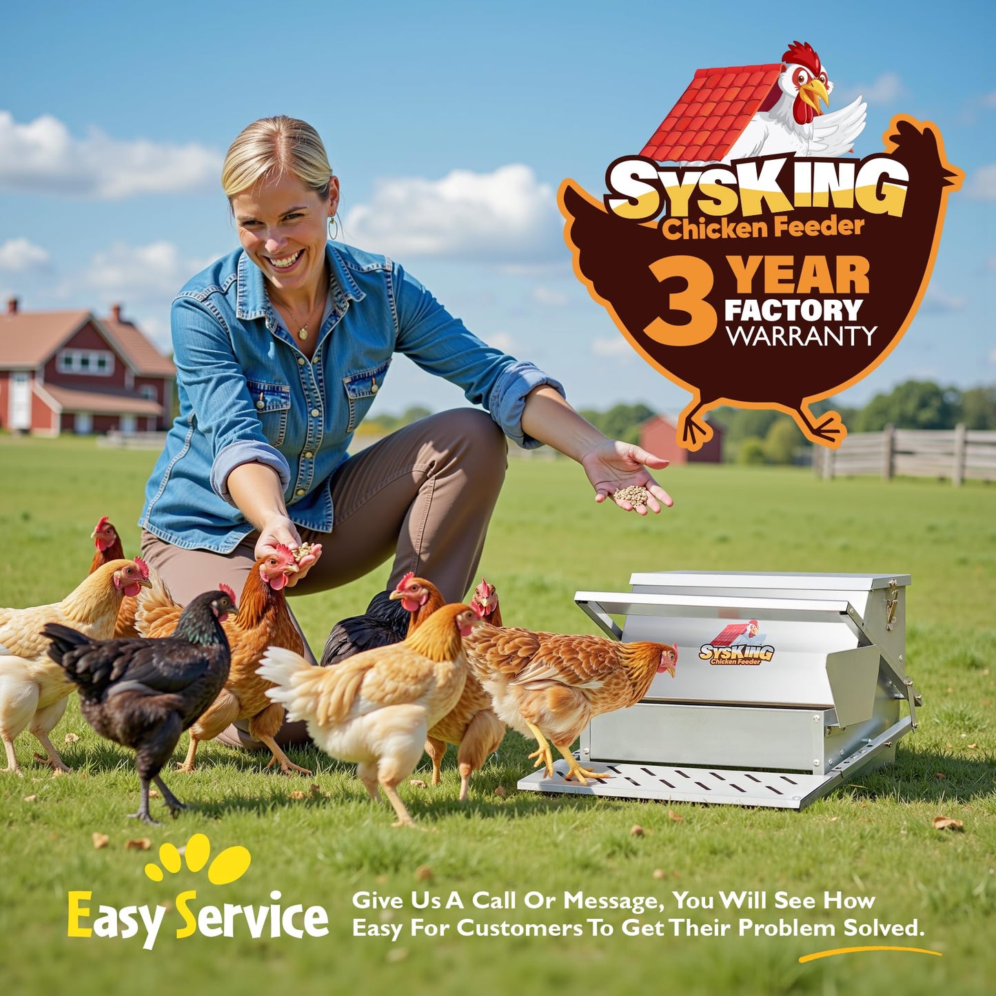 SYSKING Heavy Duty Automatic Chicken Feeder - Metal Chicken Feeders Treadle Operated, Spill Proof Poultry Feeder with Rat Proof Design & Weatherproof Lid | Sturdy Galvanized Steel (25 lb Capacity)