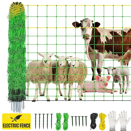 Electric Fence Netting,Livestock Neting,49.6" x 164' Portable Electric Net Fence for Goats,Sheep, Lambs,Hogs in Backyards,Farms,Ranches,Homesteads and Gardens,(14 Posts, 2 Spikes,Green)