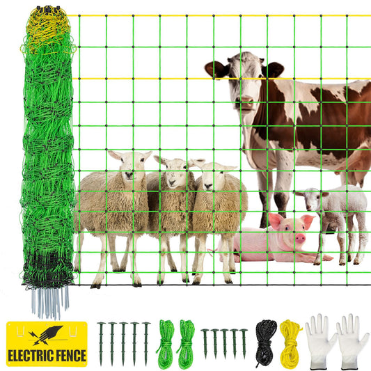 LMRSTOO Electric Fence Netting,Livestock Neting,49.6" x 164' Portable Electric Net Fence for Goats,Sheep, Lambs,Hogs in Backyards,Farms,Ranches,Homesteads and Gardens,(14 Posts, 2 Spikes,Green)