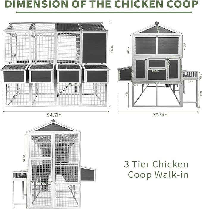 3-Tier Large Wooden Chicken Coop for 8-10 Chickens,Outdoor Walk-in Chicken Coop House with Run&Nesting Boxes,Hen House Poultry Pet Habitat Hutch Cage W/Pull Out Trays&Wire Fencing(95"×80"×83")