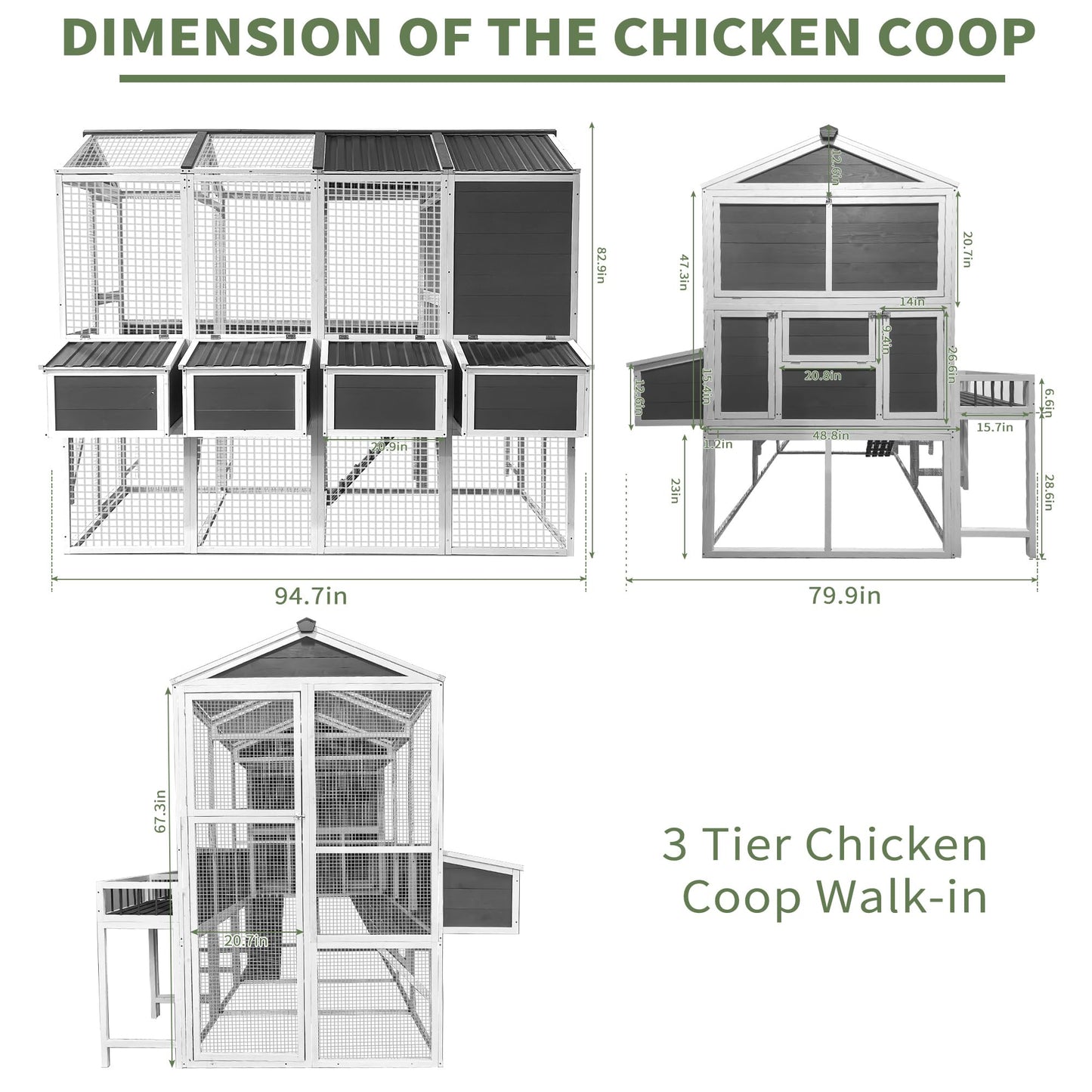 YOPTO 3-Tier Large Wooden Chicken Coop for 8-10 Chickens,Outdoor Walk-in Chicken Coop House with Run&Nesting Boxes,Hen House Poultry Pet Habitat Hutch Cage W/Pull Out Trays&Wire Fencing(95"×80"×83")