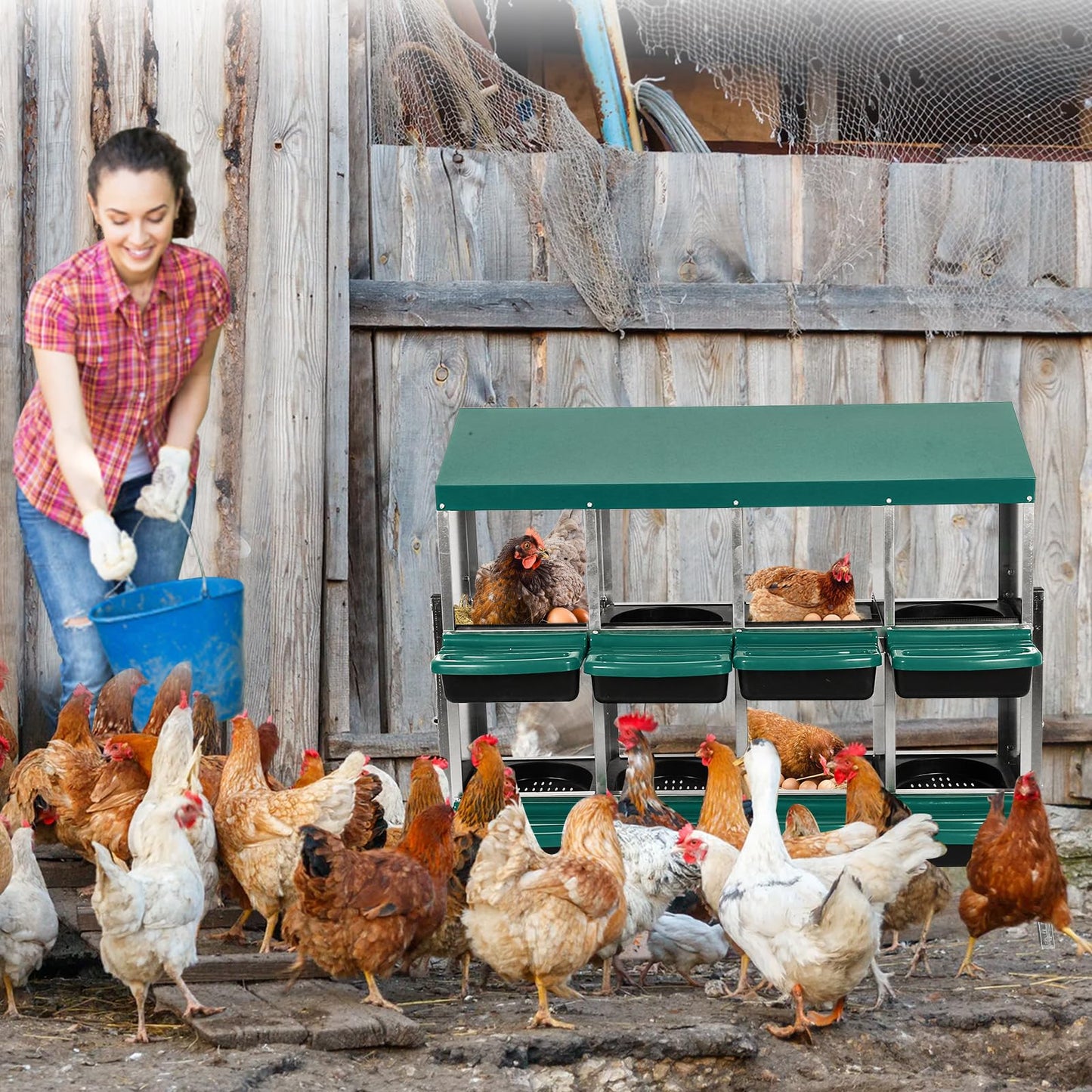 Garvee Chicken Nesting Boxes, 8 Hole Metal Chicken Laying Box with Removable Trays and Roll Out Egg Collection for Chicken Coop, with Metal Legs, Green